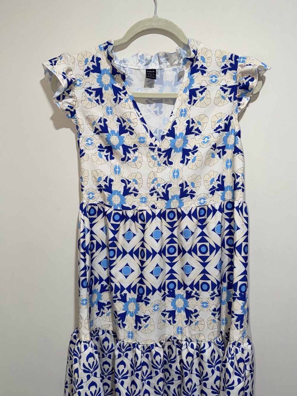 SHEIN White & Blue Mixed Print V-Neck Tiered Dress